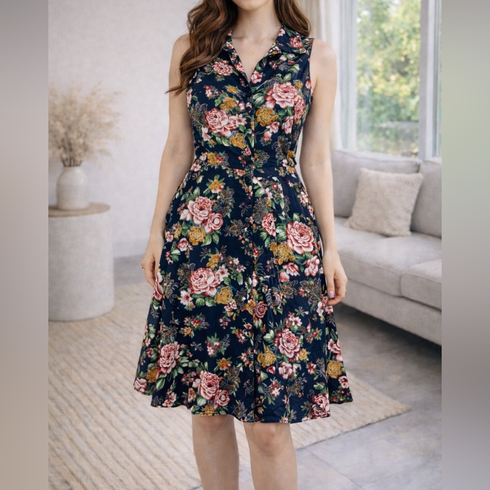 Princess Highway Cotton Floral Rose Print Poplin A-Line Sleeveless Shirt Dress